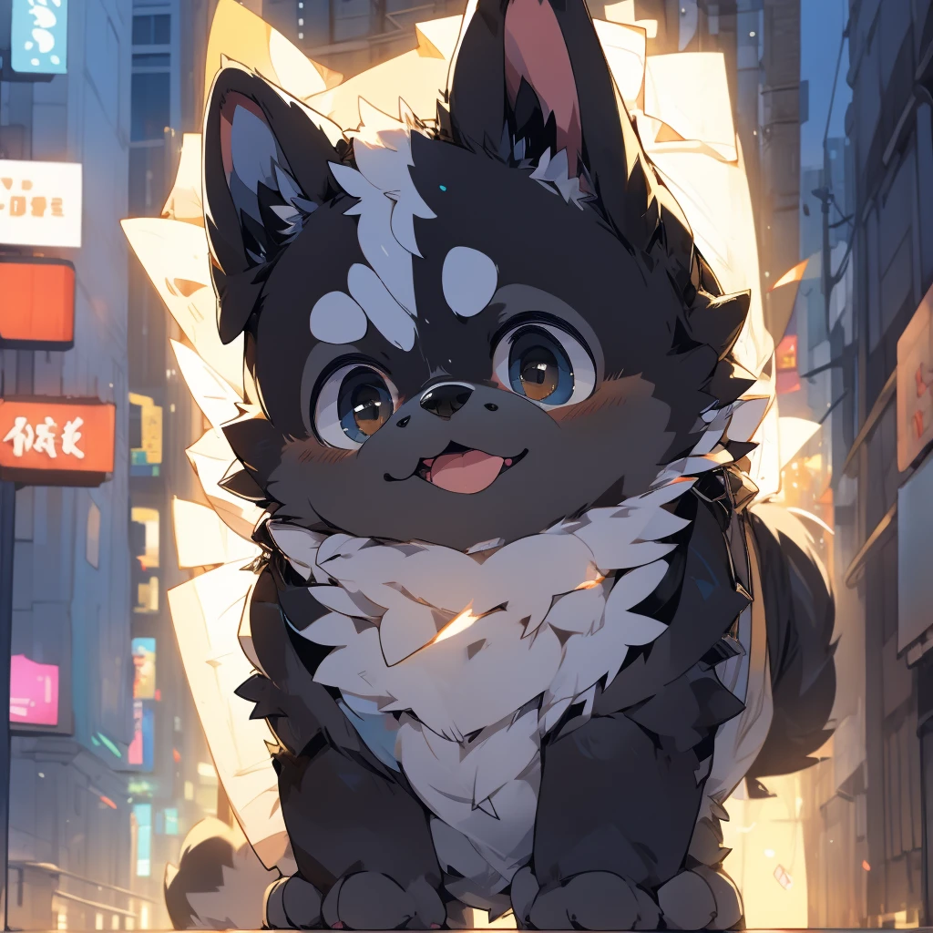 In the city、1 Pug puppy、（（（Round black fur on forehead）））、（（（smile:3.0）））