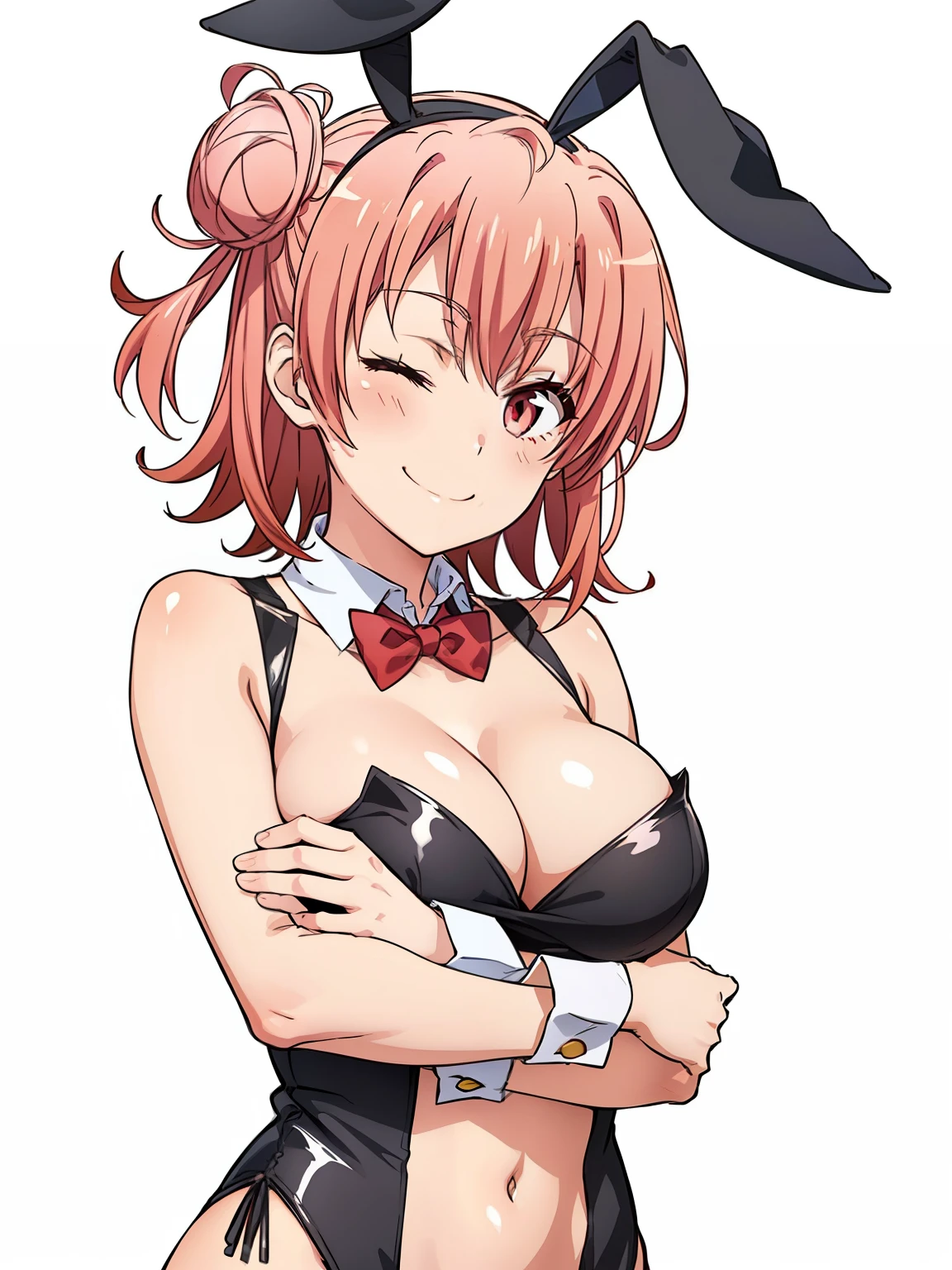 ((masutepiece, Best Quality, hight resolution, nffsw, Perfect Pixel, depth of fields, 4K, )), 1girl in, Solo, , Beautiful anime girl, Beautiful Art Style, close up, Looking at Viewer, Perfect body, Yuigahama Yui, Short hair, pink hair, hairbun, (large ), cleaack playboy bunnbowtie, smiling, winking, wink, one eye closed, hugging, blank white background, cowboy shot
