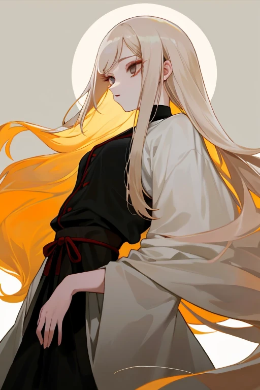 A little bit of jujutsu, with long almond hair, He has pale skin and large dark eyes., is thin, She is very pretty, He has many eyelashes and is always very friendly