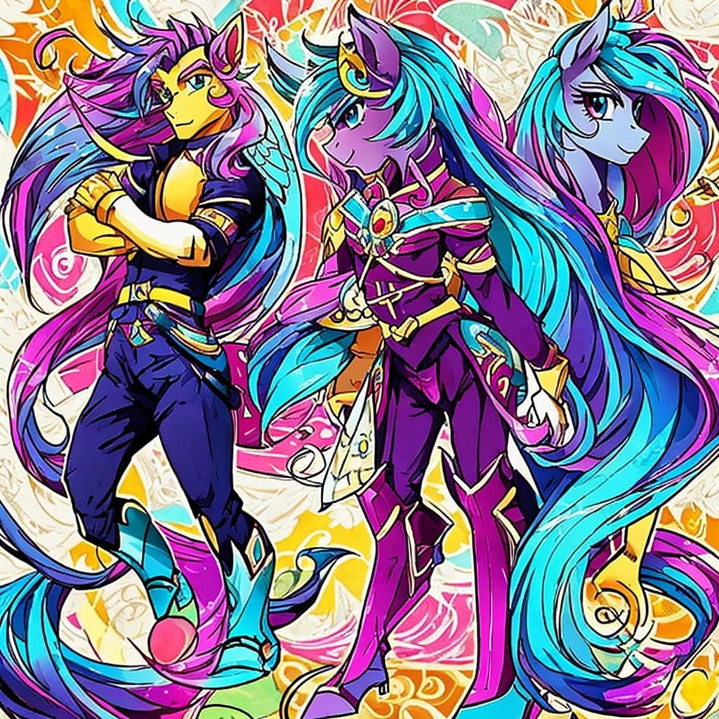 Draw a character in the style of My Little Pony so that he stands sideways and has a beautiful mane, I want him to be Pegasus . It is necessary that the mane be even and precise, and up to three colors