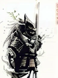 action shot, realistic digital photo, angry anthropomorphic black wolf samurai pulls a magical glowing katana out of the sheath, black with red wooden armor, helmet, daemon samurai mask, standing in an old Japanese village, uhd, 8k, insane details,