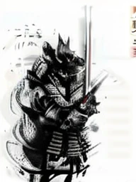 action shot, realistic digital photo, angry anthropomorphic black wolf samurai pulls a magical glowing katana out of the sheath, black with red wooden armor, helmet, daemon samurai mask, standing in an old Japanese village, uhd, 8k, insane details,