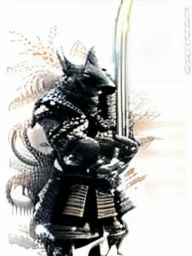 action shot, realistic digital photo, angry anthropomorphic black wolf samurai pulls a magical glowing katana out of the sheath, black with red wooden armor, helmet, daemon samurai mask, standing in an old Japanese village, uhd, 8k, insane details, 