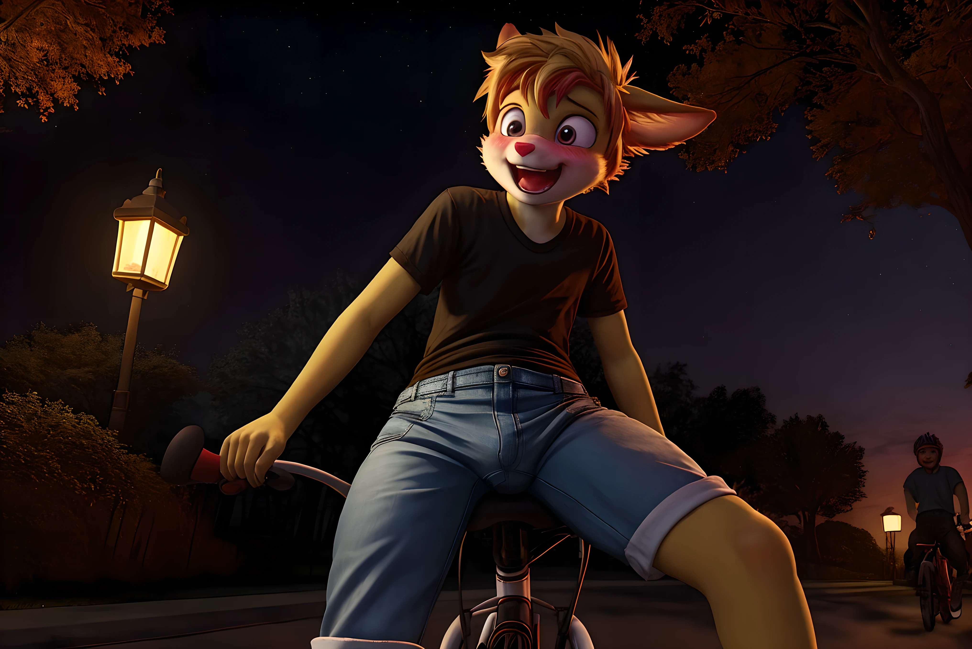 Kit, male, young, riding on bicycle, tight panties, panties bulge, unzipped pants, smiling, blush, t-shirt, park, night, lamps, 