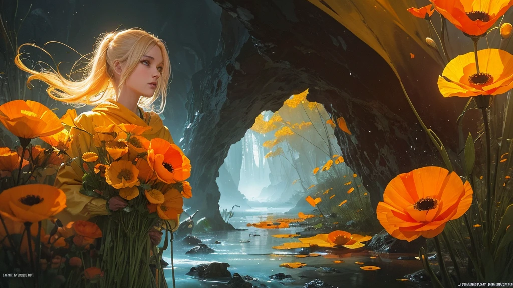 32k, Masterpiece, Highest quality, One girl, Detailed eyes, flower,Iceland Poppy, Orange and yellow style,A dreamy, romantic piece,Pale yellow, Mysterious Leaves,A playful arrangement,Fantasy,High Contrast,Ink strokes,explosion,Exposure, Impression of orange and yellow tones,Abstract,((Watercolours by John Berkey and Jeremy Mann )) Brush strokes,Negative Space, Tyndall effect,