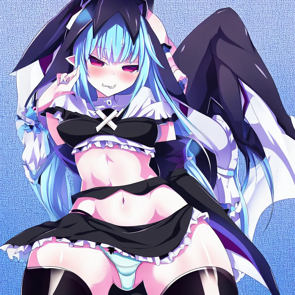disembodied hand, yaoi, dress, clothes lift, dress lift, blush, white background, solo focus, finger in another's mouth, tongue, trap, forced smile, hand in another's mouth, femboy, simple background, solo, crosss dressing, navel, 1boy, lifted by another, lifted by self, shirt lifted, bare shoulders, white thighhighs, cross, white crop top, penis, flecid penis, ghost hands, panties, underwear, white panties, panty pull, shark teeth, colored skin, multi colored skin, blue skin, black skin, black hair, monster boy,