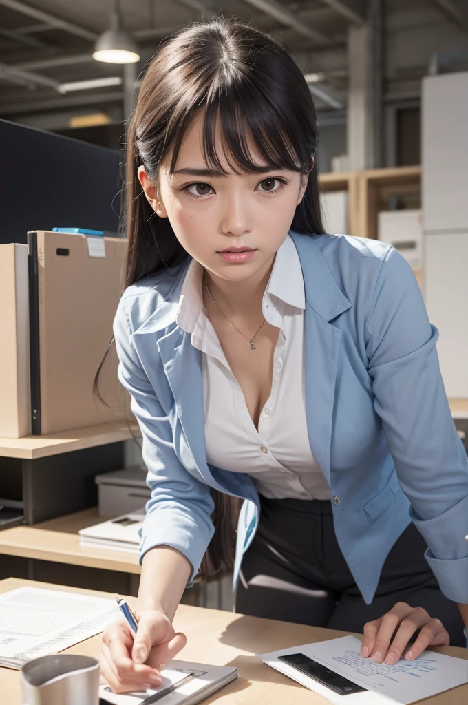 huge-breasted,Office Lady,(NSFW:1.2), 1girl in, Solo, breasts, Skirt, Large breasts, Brown hair, cleavage, Underwear, Panties, pantyhose, Glasses, Bra, Mole, pantyshot, lingerie, mole under mouth, desk work, pencil skirts, Panties under pantyhose, Realistic, Office Lady, a computer, Monitors, keyboard (a computer), Office