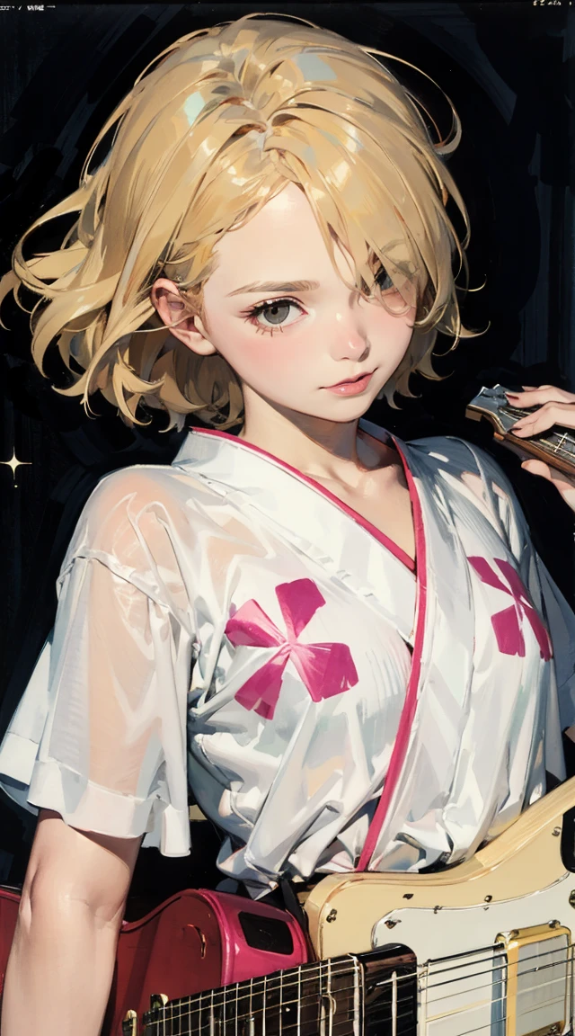 masterpiece, highest quality, divine qualities, godlike art, highly detailed face, very realistic, cute, Ai Amano,1 girl,alone,short hair,blonde hair,smile,closed mouth,brown eyes,Yellow short kimono, white pantyhose, white capelet, pink obi, pink ribbon,simple background,Upper body,Imaginary space background, (superflat, flat shading, flat colors), (closeup), 3girls, , teen, rock band, (white panties), no skirt, , play electric guitars, in a garage, sing, having fun, bright, wide angle, vibrant colors, watercolor, ghibli style Portrait of a European girl,Single,20 years,Beautiful Face,Object of Obser,hair over one eye,Medium side cut, Blonde hair, Intense focus,Black business suit