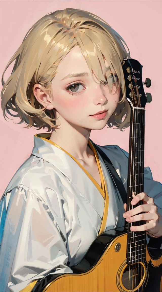 masterpiece, highest quality, divine qualities, godlike art, highly detailed face, very realistic, cute, Ai Amano,1 girl,alone,short hair,blonde hair,smile,closed mouth,brown eyes,Yellow short kimono, white pantyhose, white capelet, pink obi, pink ribbon,simple background,Upper body,Imaginary space background, (superflat, flat shading, flat colors), (closeup), 3girls, 14yo, teen, rock band, (white panties), no skirt, , play electric guitars, in a garage, sing, having fun, bright, wide angle, vibrant colors, watercolor, ghibli style Portrait of a European girl,Single,20 years,Beautiful Face,Object of Obser,hair over one eye,Medium side cut, Blonde hair, Intense focus,Black business suit