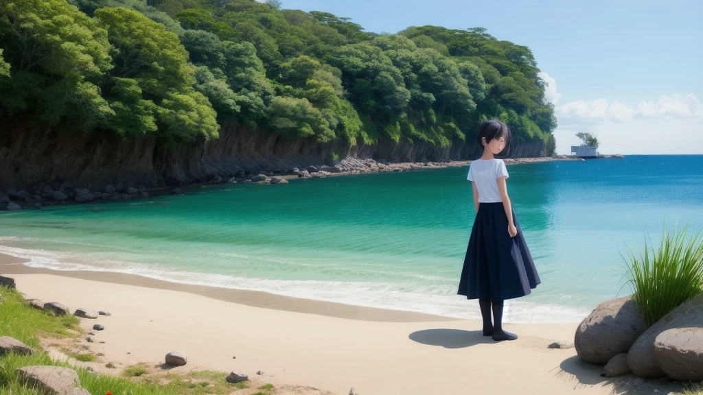 (masterpiece), The sea seen from the town, blue sky, summer, A girl in the distance, smile, alone, Sailor suit、Long skirt, Overgrown, petal, plant、Skirt lining、Translucent slip、nostalgic、Black Pantyhose