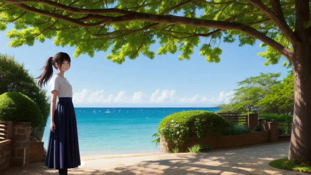 (masterpiece),  The sea seen from the town,  blue sky, summer, A girl in the distance,  smile,  alone,  Sailor suit、Long skirt,  Overgrown,  petal,  plant、Skirt lining、Translucent slip、nostalgic、Black Pantyhose