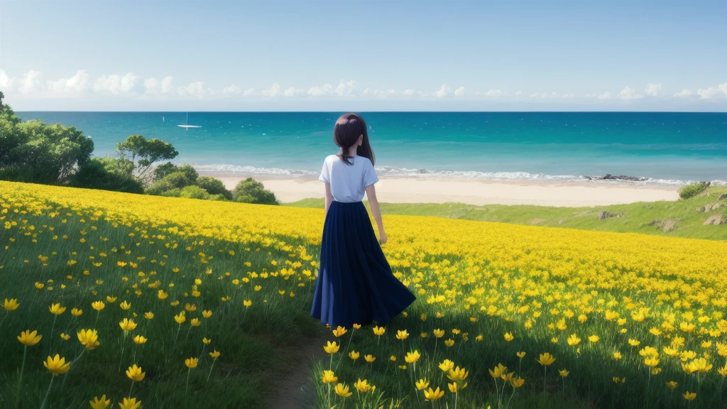 (masterpiece), The sea seen from the town, blue sky, summer, A girl in the distance, smile, alone, Sailor suit、Long skirt, Overgrown, petal, plant、Skirt lining、Translucent slip、nostalgic、Black Pantyhose