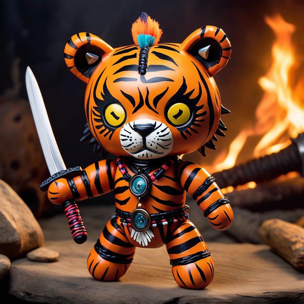 (knitted toy voodoo doll:1.9), (Voodoo Tiger Warrior:1.8), (Clothing: battle armor with tiger stripes:1.0), (Accessories: enchanted sword, warrior's helmet, tribal necklace:1.2), (Background: mystical battlefield with roaring fires and floating embers:1.2), (full body:1.0), best quality, masterpiece, detailed soft oil painting, detailed background, dramatic cinematic lighting, soft edge lighting, professional, dramatic lighting, hard edge lighting, ultra quality, 4k, masterpiece, best quality, 8k, ultra high definition, high resolution, extremely detailed