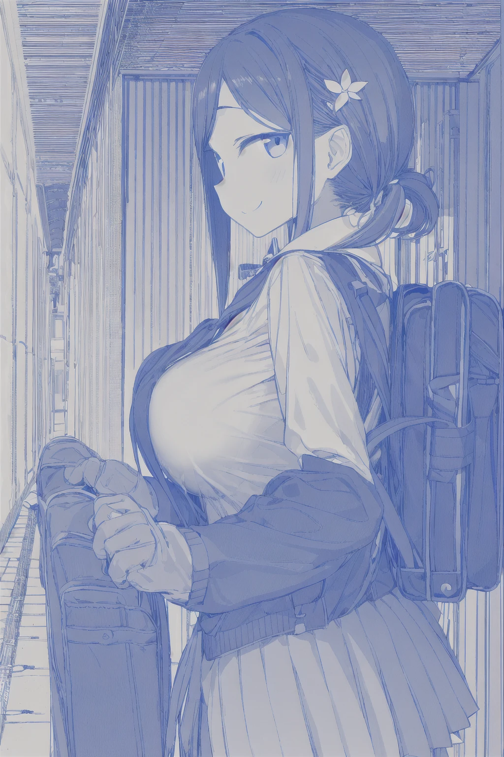 masterpiece, best quality, 1girl, (((breast focus))), ((pretty eyes)), gloves, hair ornament, , looking at viewer, solo, breasts, from side, , hands arms behind back, school bag, evil smile, (((monochrome))), blue lines, breasts, lineart,