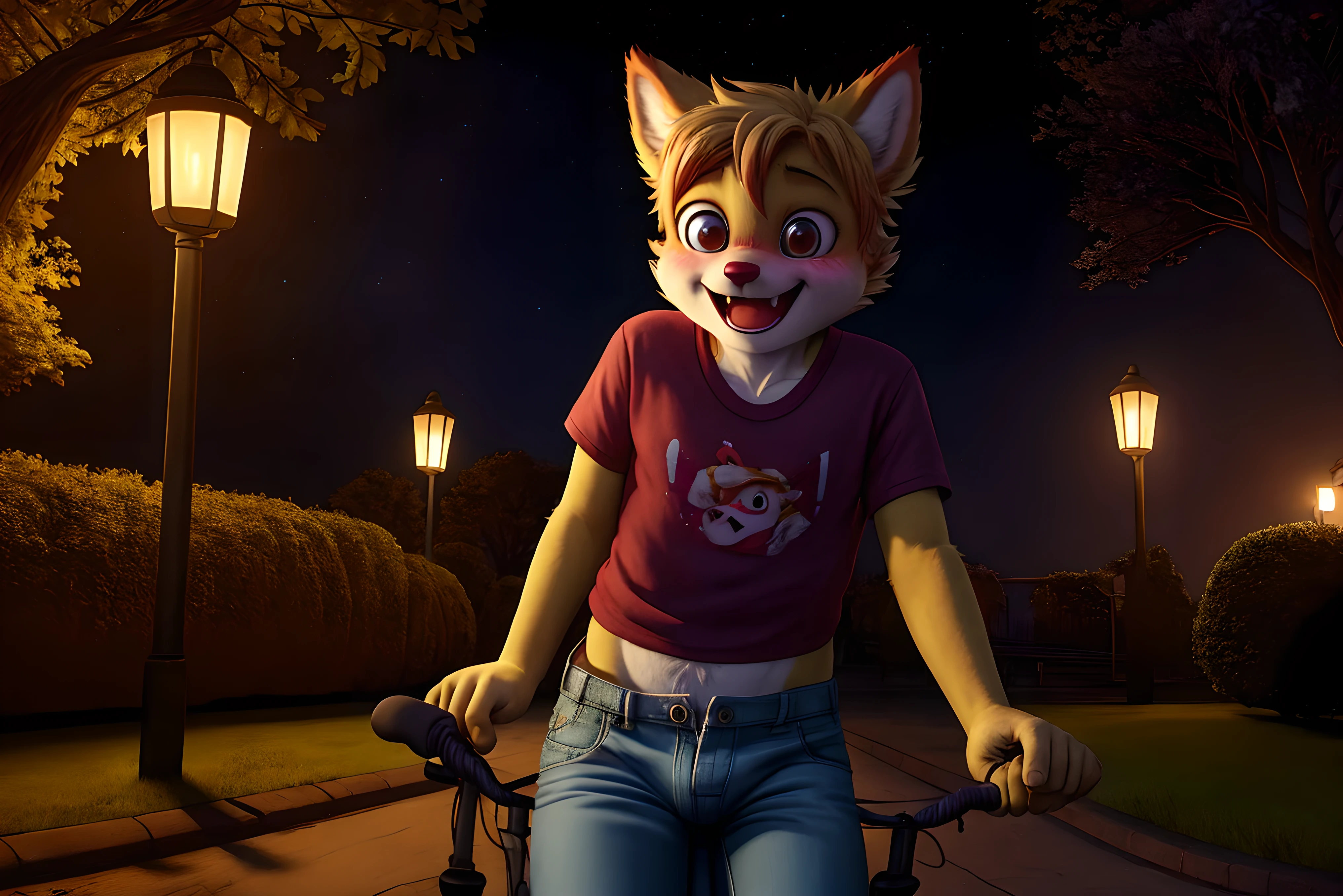 Kit, male, young, riding on bicycle, tight panties, panties bulge, unzipped pants, smiling, blush, t-shirt, park, night, lamps, 