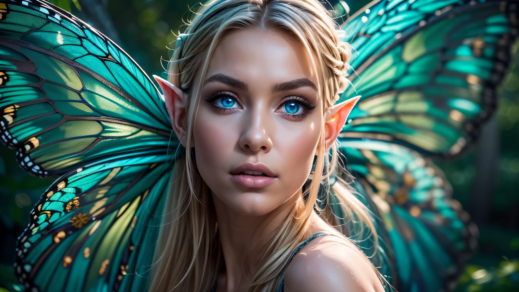 Beautiful, Amazing face and eyes, makeup, (extremely detailed beautiful face), Blonde, (sexiest look), (Beautiful breasts:1.3), (Best Quality:1.4), (Ultra-detailed), (extremely detailed CG unified 8k wallpaper), Highly detailed, RAW Photos, Professional Photography, (silk see through lace:1.3), full body, front view, one point perspective, sitting, (Spread your legs), (:1.4), plein air, Illumination, (Super fancy photos:1.4), (Dazzling light), Radiant Photography, depth of fields, (Glowing blue eyes), (realistic elf ear), (castle, fantasy setting), ((orbs)), massive butterfly wings, flowing butterfly wings,