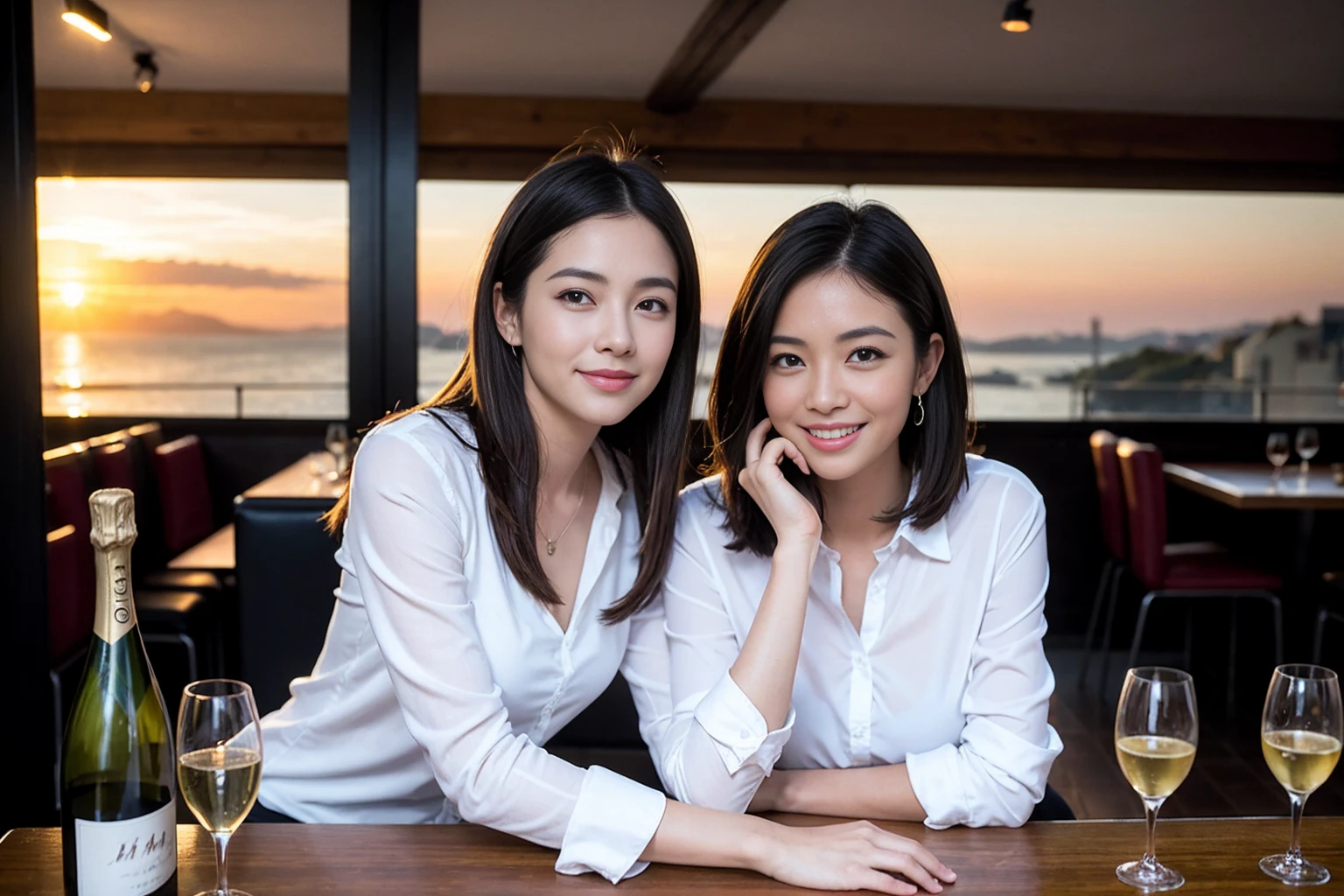 ((Highest quality、、masterpiece:1.3))、1 male、1 female、Slim lover、Beautiful couple、smile、full-course dinner、 (Slim face), (the body is スリム), (Brown Hair), (Shortcuts), ((Bob Hale、Straight hair:1.2)), テーブルの上のwine glass、Put the light on your face、 Amazing view of the sunset sky and clouds、smileの美しさ、Bright image、Blushing, Shortcuts, (43 years old), 39 years old, Appetizers、Italian food、Wine bottle、Champagne、sparkling wine、Long sleeve shirt、dress、Attractive beauty、restaurant, Nova Frog Style, actress, model, Upper Body, White wine, red wine, wine glass, 