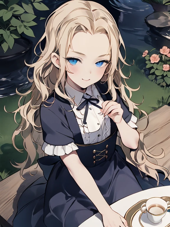 (8K, Highest quality, tableトップ:1.2), Ultra-high resolution, 7-year-old girl, Perfect Fingers, Detailed face, smile, blue eyes, Blonde, (wavy hair:1.5), Blue Apron Dress, garden, flower bed, table, tableクロス, Black tea, Tea cup, cake, Sit on a chair, Black teaを飲む