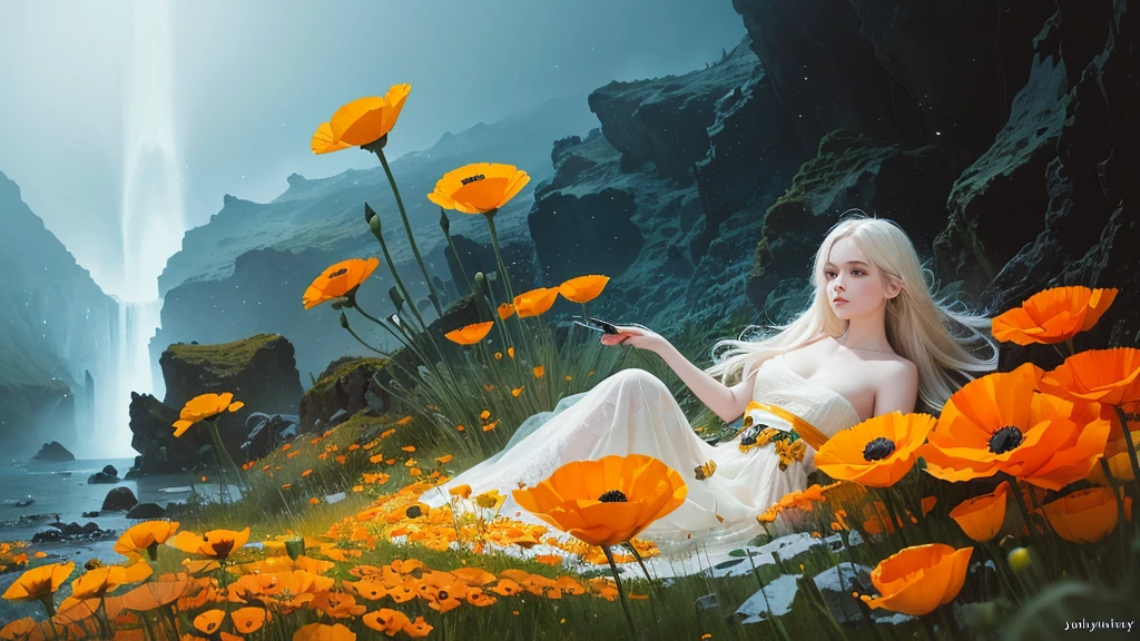 32k, Masterpiece, Highest quality, One girl, Detailed eyes, flower,Iceland Poppy, Orange and yellow style,A dreamy, romantic piece,Pale yellow, Mysterious Leaves,A playful arrangement,Fantasy,High Contrast,Ink strokes,explosion,Exposure, Impression of orange and yellow tones,Abstract,((Watercolours by John Berkey and Jeremy Mann )) Brush strokes,Negative Space, Tyndall effect,