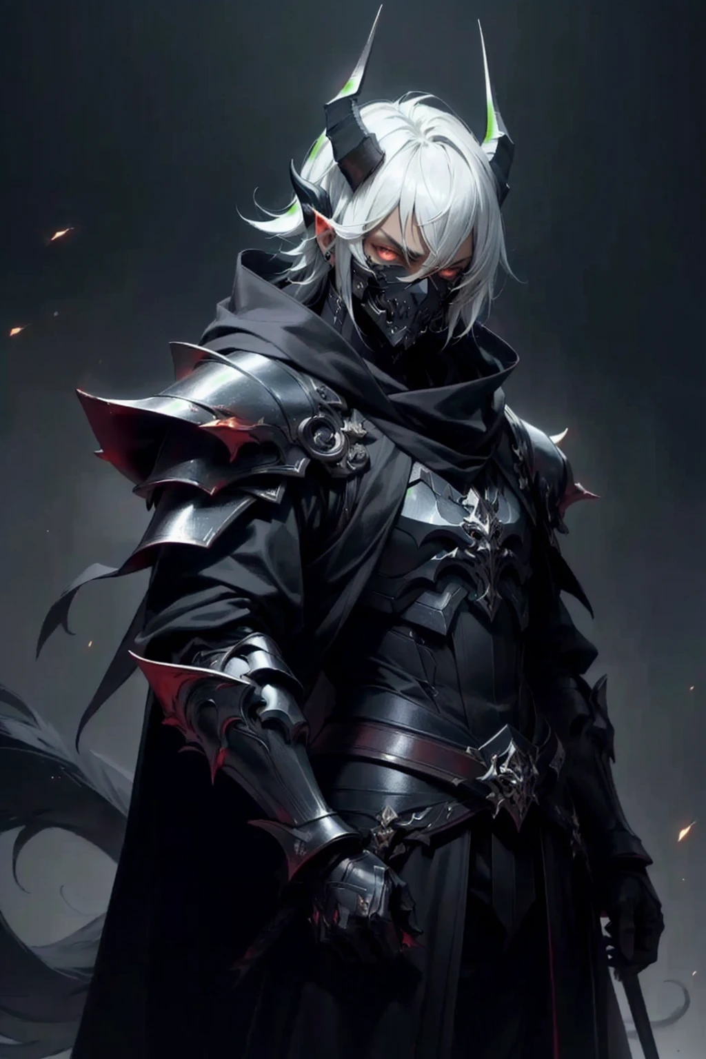 best qualityer, 4K, high resolution, work of art:1.2, ultra detali, realisitic:1.37, black art, portraits, mysterious atmosphere, mysterious lighting, Um homem de fully body, terrifying presence, imposing presence, ominous evening, saos no céu sombrio, menacing armor, um sao negra no peitoral, fully body, dark expression, sinister eyes, two twisted horns, razor-sharp claws, sinister priest's cloak, dark clouds, creepy shadows, light circuits in the armature, intense battle scene, dramatic composition, simple just a mask with a dragon mouth, de corpo todo, from head to toe, male Assassin ninja, dragon slayer, manoplas com razor-sharp claws sinistras metálicas, Cyberpunk mask with dragon mouth, fully hooded, no ears, chest and arms armor, sao, ((very dark eyes)), Face half covered, blond, em pé de fully body na imagem, uma sao negra com centelhas de luz suaves no peitoral, helmet with a very detailed draconic appearance, Eyes red, imposing and domineering black dragon in the background
