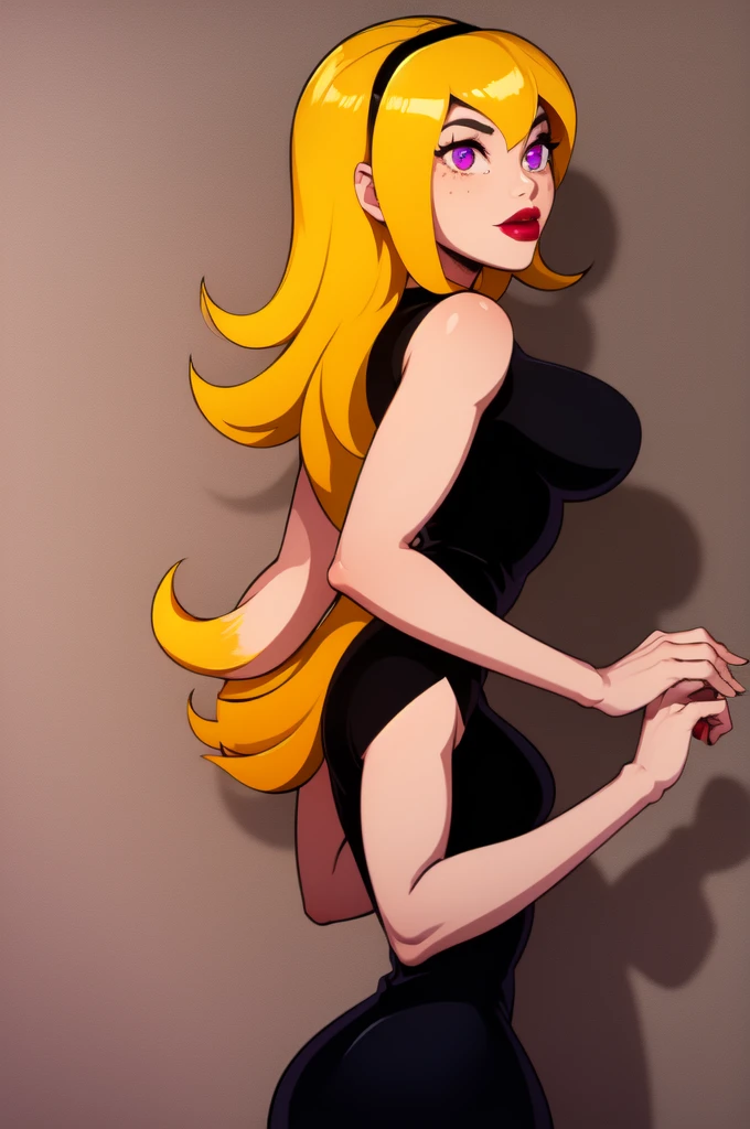 yellow hair, black dress, freckles, lipstick, big , purple eyes, Lucy Mann, big ass, seductive pose, solo, tight outfit, masterpiece, high quality, humanoid, ultra 4k