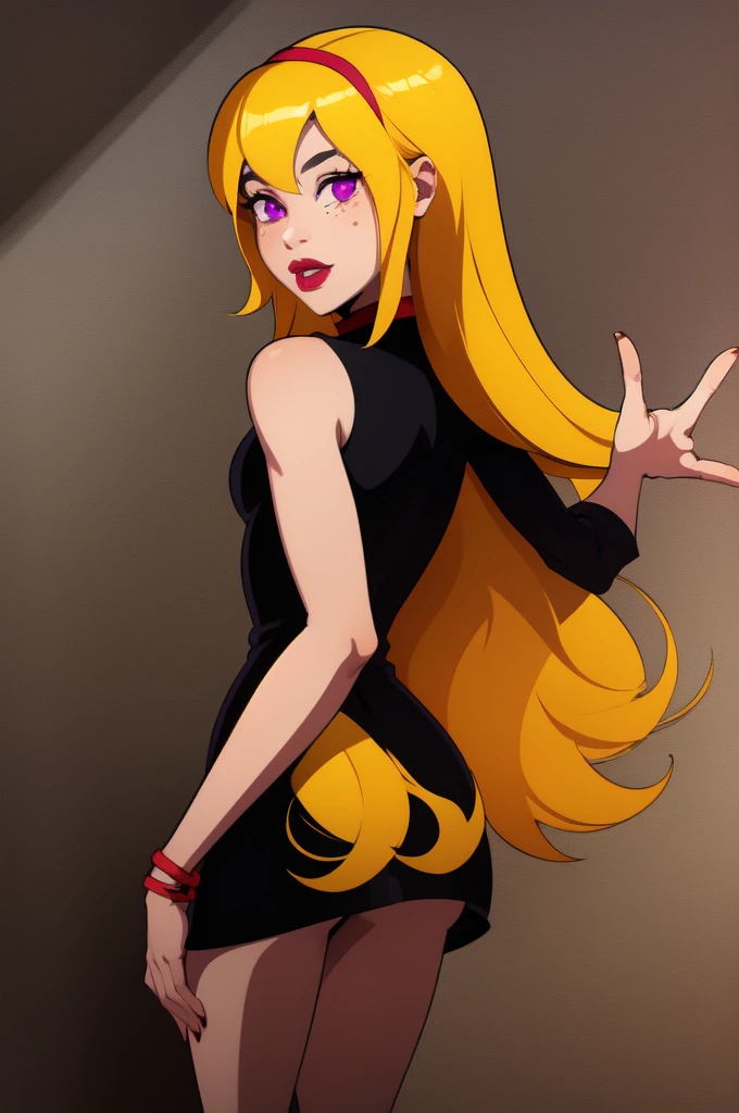 yellow hair, black dress, freckles, lipstick, big , purple eyes, Lucy Mann, big ass, seductive pose, solo, tight outfit, masterpiece, high quality, humanoid, ultra 4k