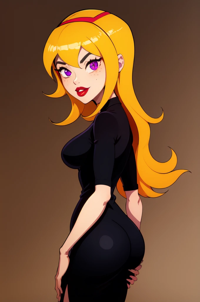 yellow hair, black dress, freckles, lipstick, big , purple eyes, Lucy Mann, big ass, seductive pose, solo, tight outfit, masterpiece, high quality, humanoid, ultra 4k