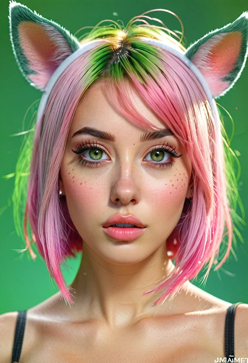 1 girl, animal_ears, gradient, gradient_background, green_background, looking_at_viewer, pink_hair, solo_by_JM, (best quality,4k,8k,highres,masterpiece:1.2),ultra-detailed,(realistic,photorealistic,photo-realistic:1.37),detailed eyes,detailed lips,extremely detailed face,long eyelashes,elegant,beautiful,intricate details,soft lighting,vibrant colors,fantasy,digital art