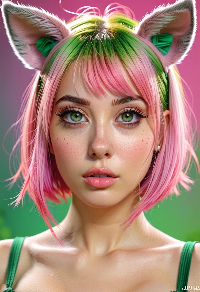 1 girl, animal_ears, gradient, gradient_background, green_background, looking_at_viewer, pink_hair, solo_by_JM, (best quality,4k,8k,highres,masterpiece:1.2),ultra-detailed,(realistic,photorealistic,photo-realistic:1.37),detailed eyes,detailed lips,extremely detailed face,long eyelashes,elegant,beautiful,intricate details,soft lighting,vibrant colors,fantasy,digital art