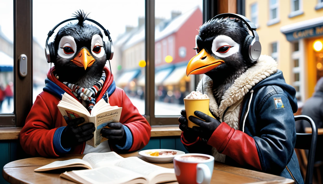 (photography film style), (((raining))), anthropomorphic, cute young rockhopper penguin, casually dressed, sitting by a window in a cafe, drinking hot chocolate, listening to music on headphones, (reading a book), 2D, colorful, warm atmosphere, glossy, Jean-Baptiste Monge style, Alan Lee style