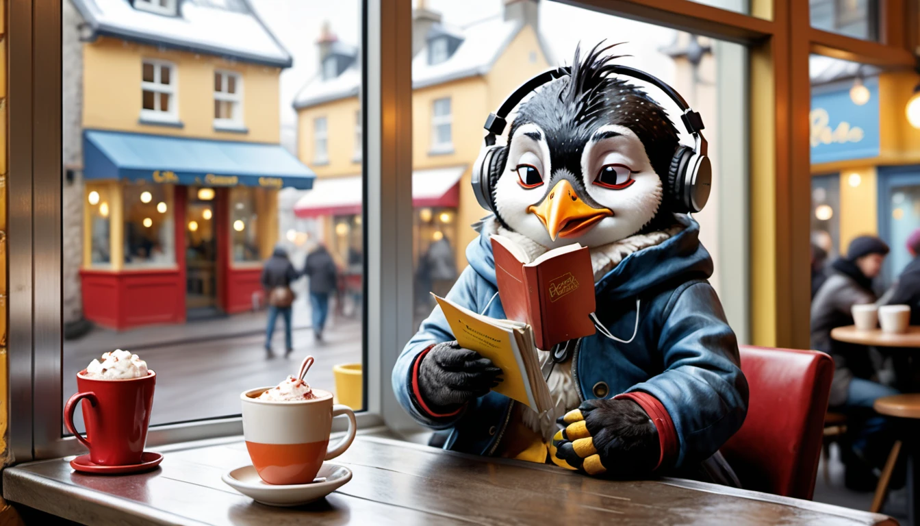 (photography film style), (((raining))), anthropomorphic, cute young rockhopper penguin, casually dressed, sitting by a window in a cafe, drinking hot chocolate, listening to music on headphones, (reading a book), 2D, colorful, warm atmosphere, glossy, Jean-Baptiste Monge style, Alan Lee style