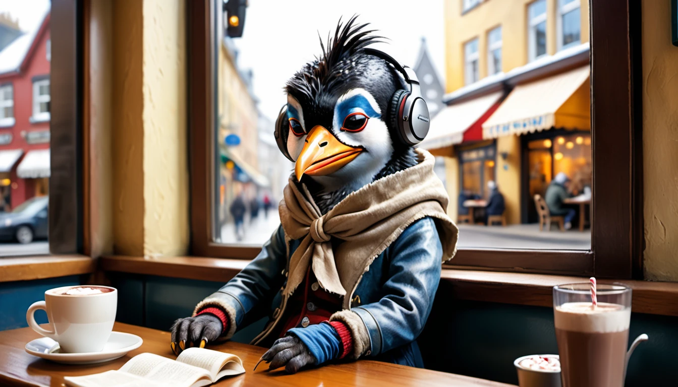 (photography film style), (((raining))), anthropomorphic, cute young rockhopper penguin, casually dressed, sitting by a window in a cafe, drinking hot chocolate, listening to music on headphones, (reading a book), 2D, colorful, warm atmosphere, glossy, Jean-Baptiste Monge style, Alan Lee style
