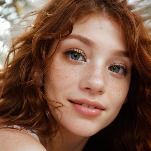 Create a hyper-realistic image of a woman with fiery red, curly hair that cascades over her face, highlighting one eye. Her eye should be a vivid grey eyes, grey eyes  with incredible smile, flirty smile,The skin should be fair with a natural abundance of freckles across the nose and cheeks, and her lips should have a soft pink color, with a gentle and subtle expression. The image should be a close-up portrait that captures the fine details of her freckles and the individual eyelashes, with a shallow depth of field that blurs the background,The lighting should accentuate the texture of her hair and the sparkle in her eye, evoking a sense of depth and character.
Suggested film stock: Fujifilm Neopan Acros for its fine grain and sharpness