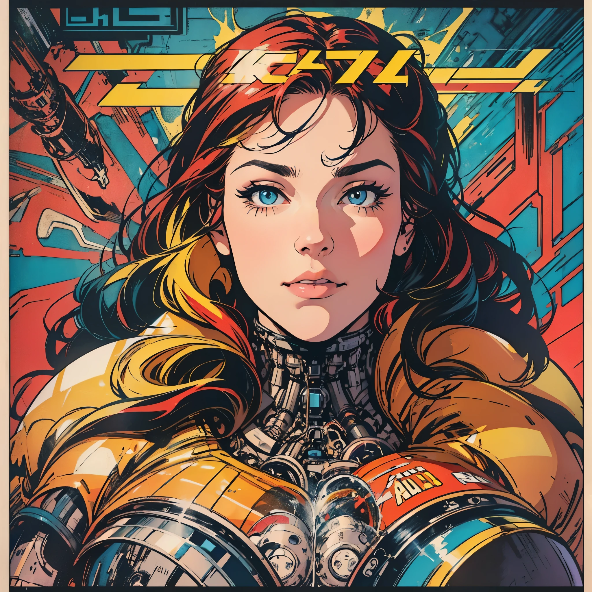 (((ultimate best quality))),((((solo:1.2)))),((((1girl:1.2)))),((((beautiful perfect woman)))),(((detailed perfect body, detailed perfect finger))),((((((ultimate movie poster)))))),(((bust up, close up))),((((detailed complicated machine)))),(((((genius mechanical))))),(((American comics))),(((extreme highlights))),(((Extremely colorful, primary colors))),cleavage, super beautiful lady,(((typography))),text