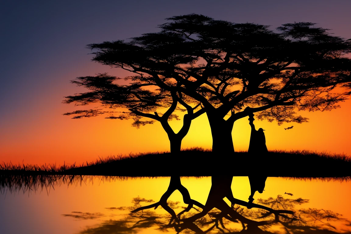 silhouette double exposure , Africa over African trees and sunset, safari, 16k , hd , 3d, octane render