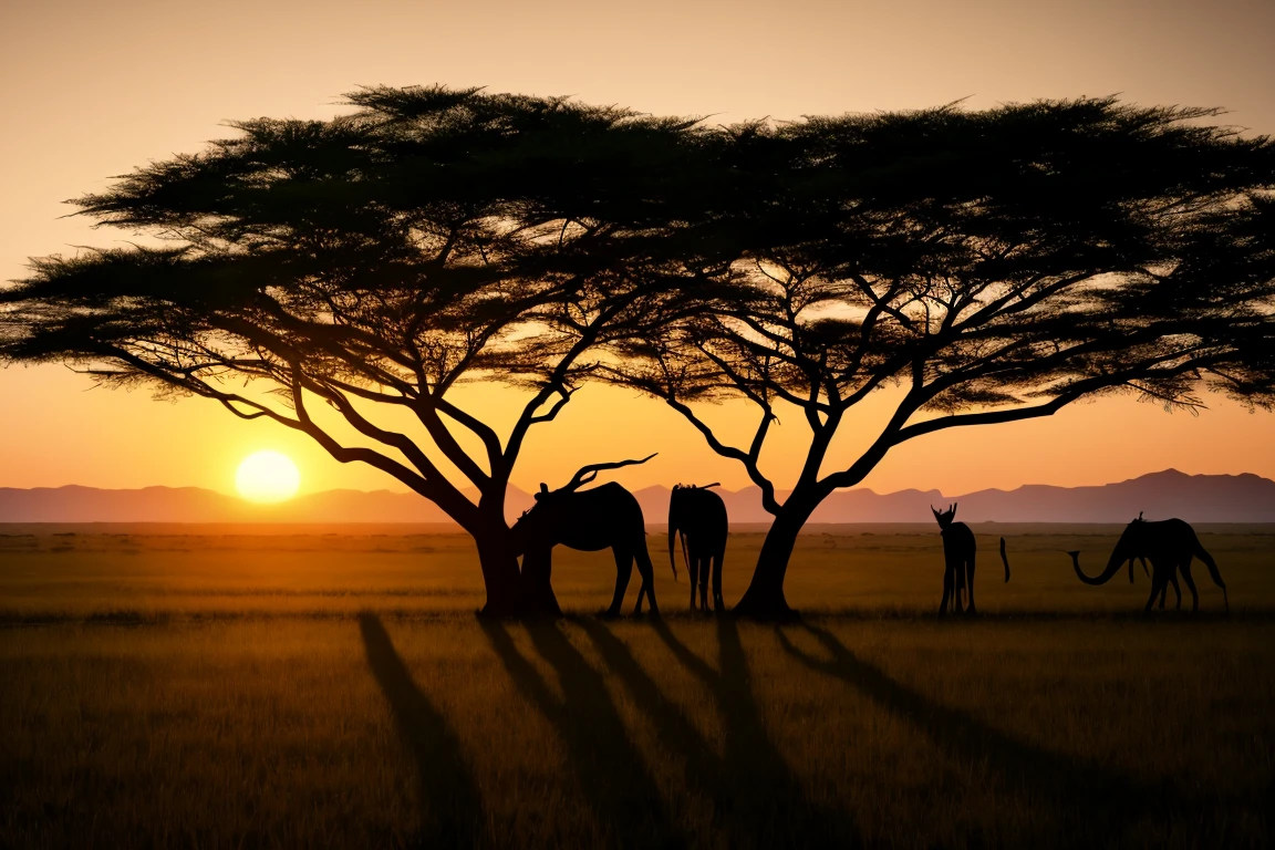 silhouette double exposure , Africa over African trees and sunset, safari, 16k , hd , 3d, octane render
