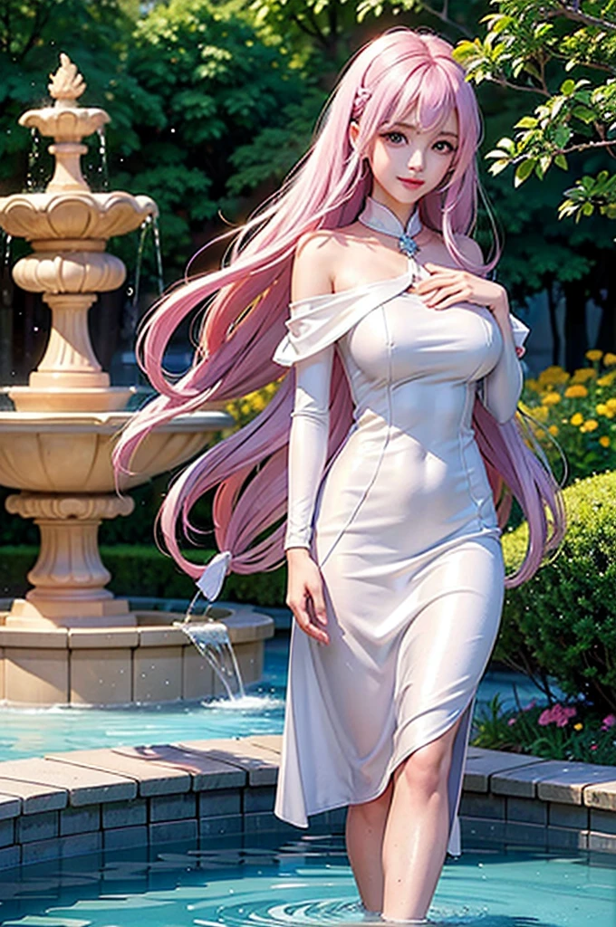 (Image above the chest)((masterpiece:1.5,Highest quality,Highly detailed images,Beautiful images、Realistic、Photorealistic、2.5D))(1girl, 独奏,)(Adult women、large breasts, white hair, beautiful eyes、Beautiful cleavage)(Off-the-shoulder dress、black dress:1.5, Deep slit)(smile, wind, floating hair)(bright、Soft lighting、garden、water fountain)