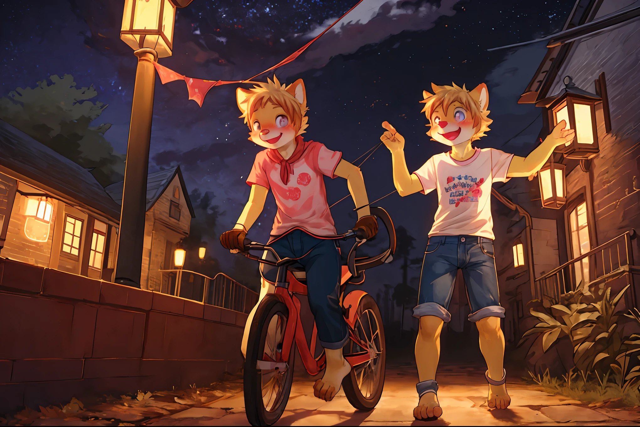 Kit, male, young, riding on bicycle, tight panties, panties bulge, unzipped pants, smiling, blush, t-shirt, park, night, lamps, 