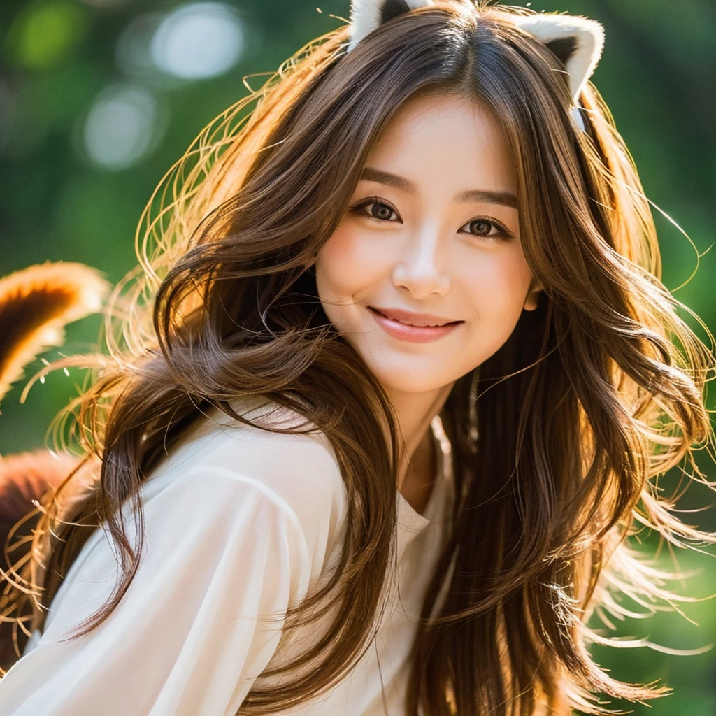 muka: soft strokes, with a warm smile and big, expressive eyes.hairs: Reddish browns, long and soft waves, reminiscent of the red panda's fur.Accessories: Indian traditional jewelry, like earrings, bindis e pulseiras, with red and gold accents.