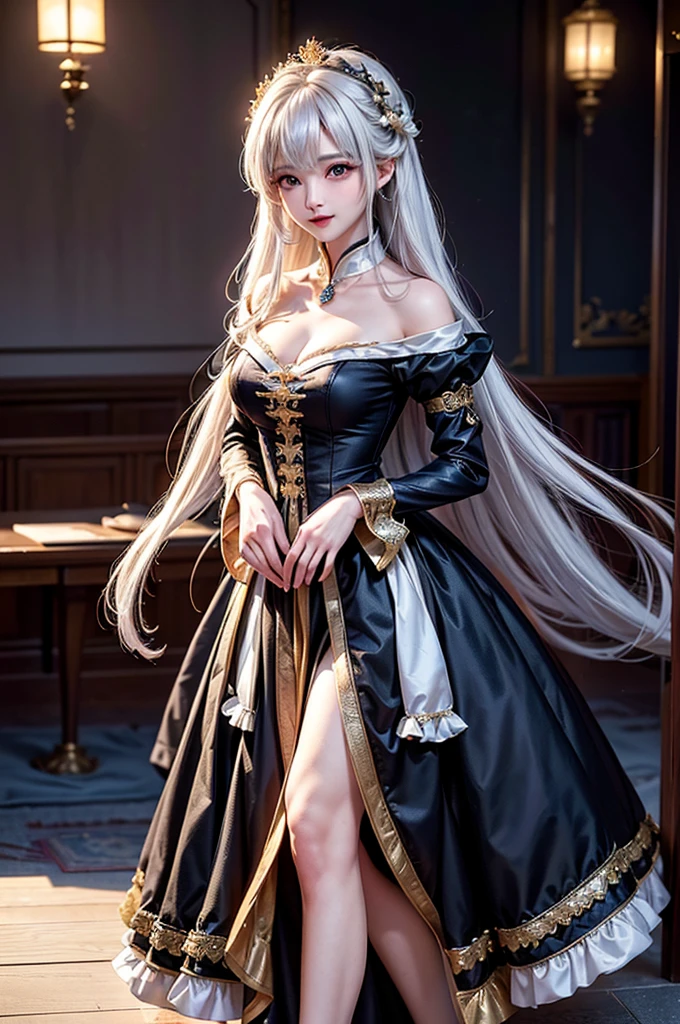 (Image above the chest)((masterpiece:1.5,Highest quality,Highly detailed images,Beautiful images、Realistic、Photorealistic、2.5D))(1girl, 独奏)(Adult women、large breasts, white hair, beautiful eyes、Beautiful cleavage)(Fantasy dresses、Fantasy Clothes、Black battle dress、black dress:1.5, Deep slit)(smile, wind, floating hair、walk)(bright、Soft lighting、Inside the castle、The King's Chamber)
