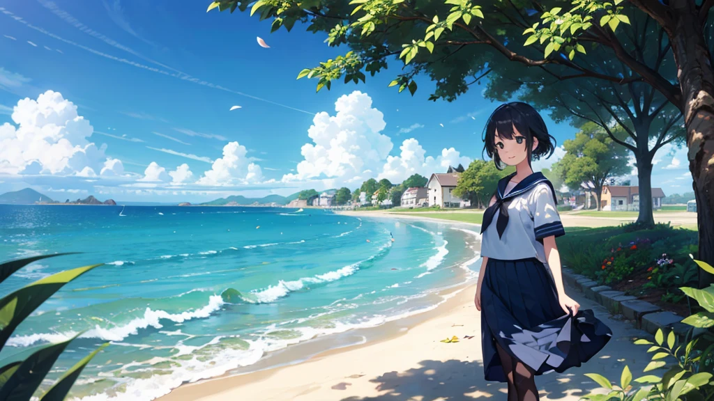(masterpiece), The sea seen from the town, blue sky, summer, A girl in the distance, smile, alone, Sailor suit、Long skirt, Overgrown, petal, plant、Skirt lining、Translucent slip、nostalgic、Black Pantyhose