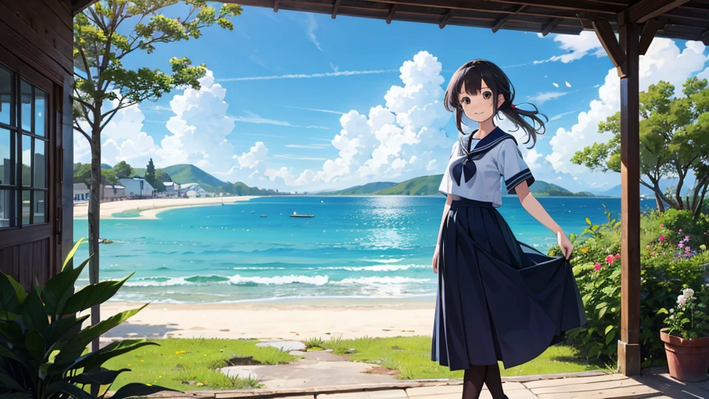 (masterpiece),  The sea seen from the town,  blue sky, summer, A girl in the distance,  smile,  alone,  Sailor suit、Long skirt,  Overgrown,  petal,  plant、Skirt lining、Translucent slip、nostalgic、Black Pantyhose