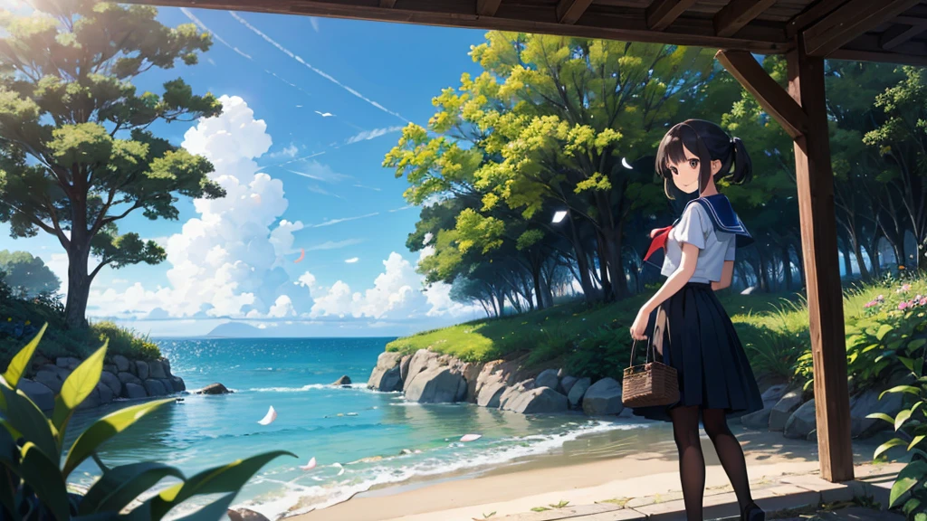 (masterpiece), The sea seen from the town, blue sky, summer, A girl in the distance, smile, alone, Sailor suit、Long skirt, Overgrown, petal, plant、Skirt lining、Translucent slip、nostalgic、Black Pantyhose