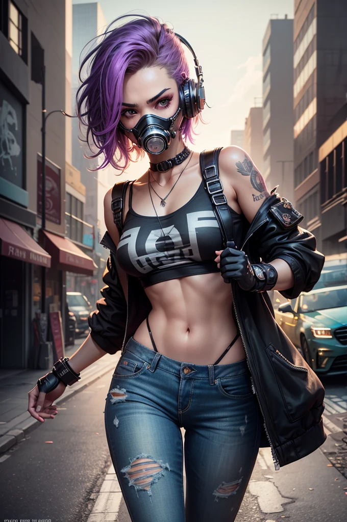 there is a woman with a gas mask and a jacket, purple cap, digital cyberpunk anime art, cyberpunk girl, cyberpunk vibes, female cyberpunk anime girl, digital cyberpunk - anime art, (best quality, masterpiece)