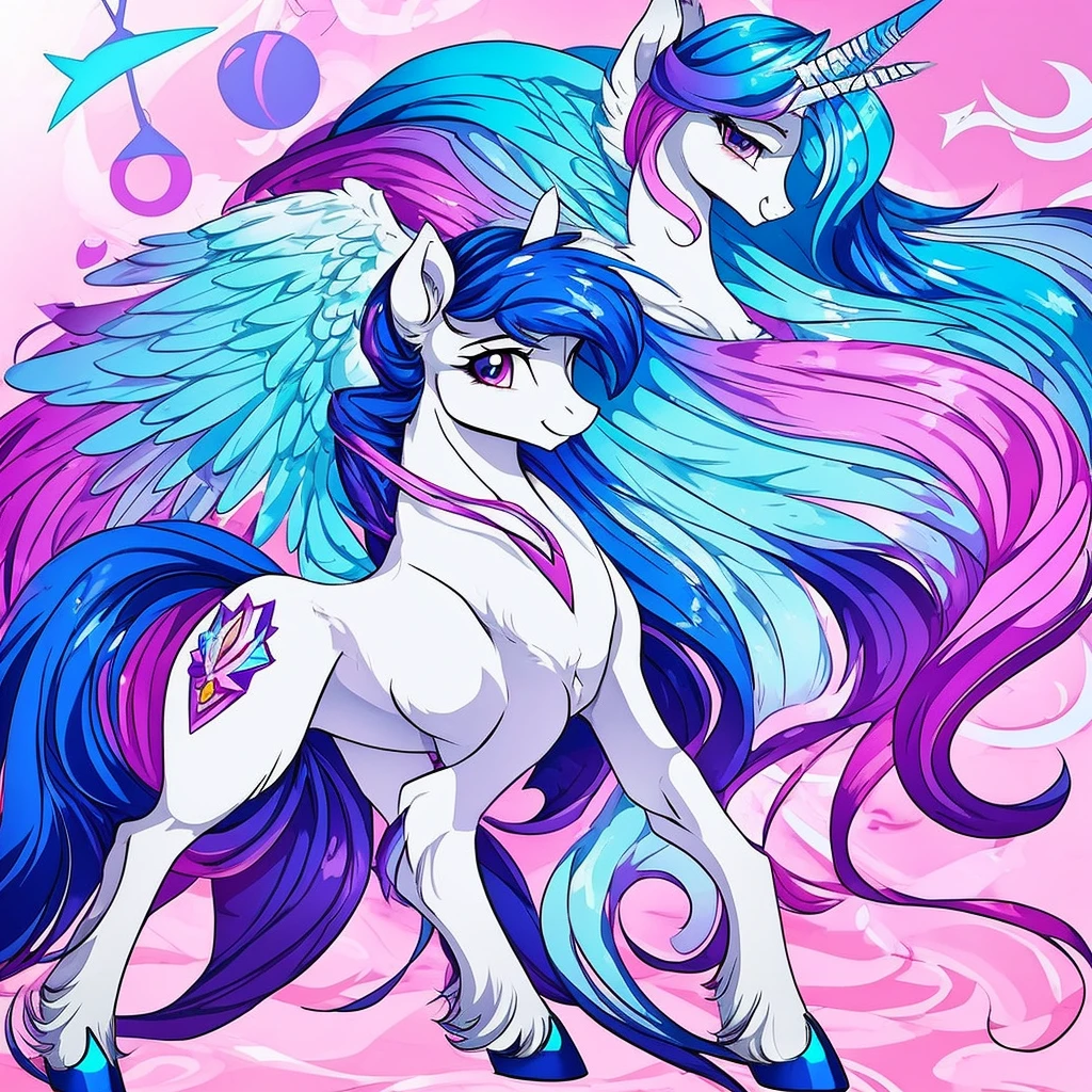 Draw a character in the style of My Little Pony so that he stands sideways and has a beautiful mane, I want him to be Pegasus . It is necessary that the mane be even and precise, and up to three colors. No background, just one pony 