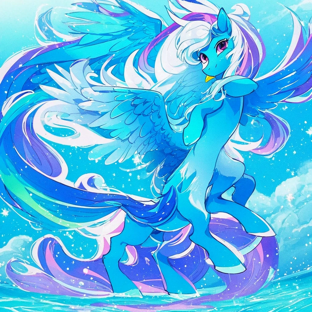 Draw a character in the style of My Little Pony so that he stands sideways and has a beautiful mane, I want him to be Pegasus . It is necessary that the mane be even and precise, and up to three colors. No background, just one pony
