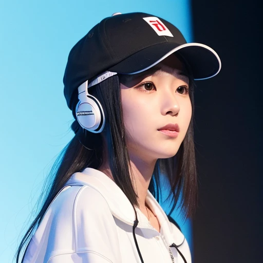 A handsome Japanese 20-year-old girl with a cap on her head ,headphones around her neck , half-length photo, facing the audience directly, symmetrical facial close-up, facing the audience head-on, wearing modern and stylish sportswear, art clothes, pearls, H. R. Giger, white background
