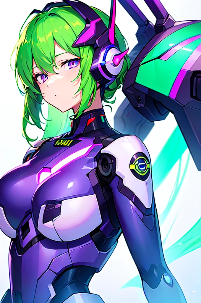 [(WHITE BACKGROUND:1.5),::5], ((((masterpiece)))), high quality, ultra very high resolution, full color, (((solo))), ((Mecha musume)), Mecha girl, ((Green hair)), (Purple eyes), anime, upper body, neon light, cyborg body, (Purple neon effect:1.2)