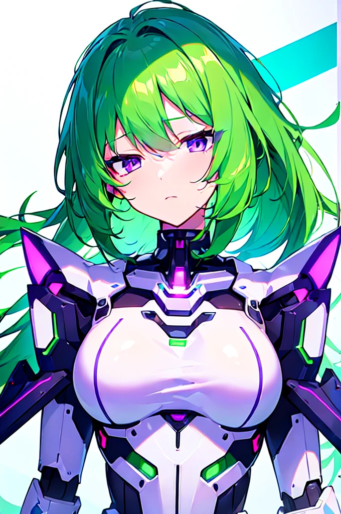 [(WHITE BACKGROUND:1.5),::5], ((((masterpiece)))), high quality, ultra very high resolution, full color, (((solo))), ((Mecha musume)), Mecha girl, ((Green hair)), (Purple eyes), anime, upper body, neon light, cyborg body, (Purple neon effect:1.2)