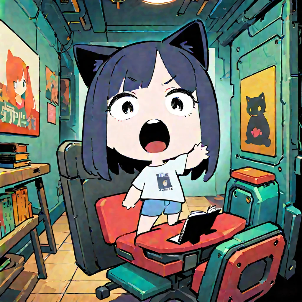 (Thick painting style),Bold line, ((masterpiece,)),(((Highest quality))),(((machine,Chair,Book,Inside the room))),((A girl in her twenties with her mouth open,The whole body is visible)),Short black hair,Black cat ears,T-Shirts,jeans,(((Character Portrait,Full Art))),Messy